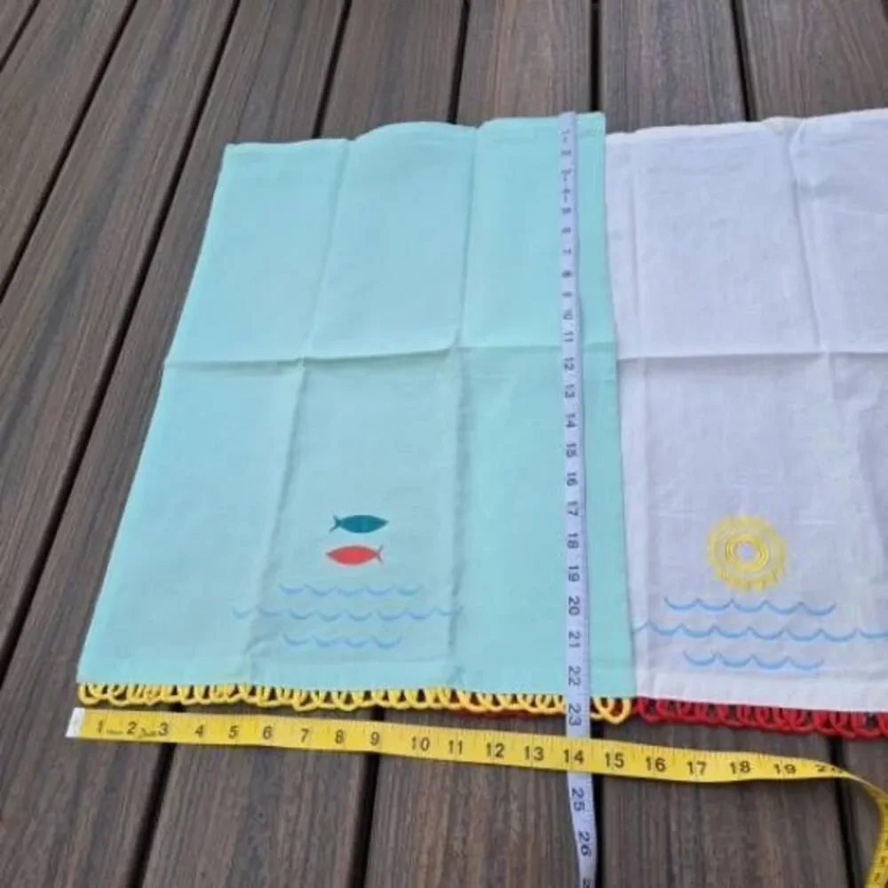 Sun & Sea Waves style tea kitchen towels cotton white teal red fish